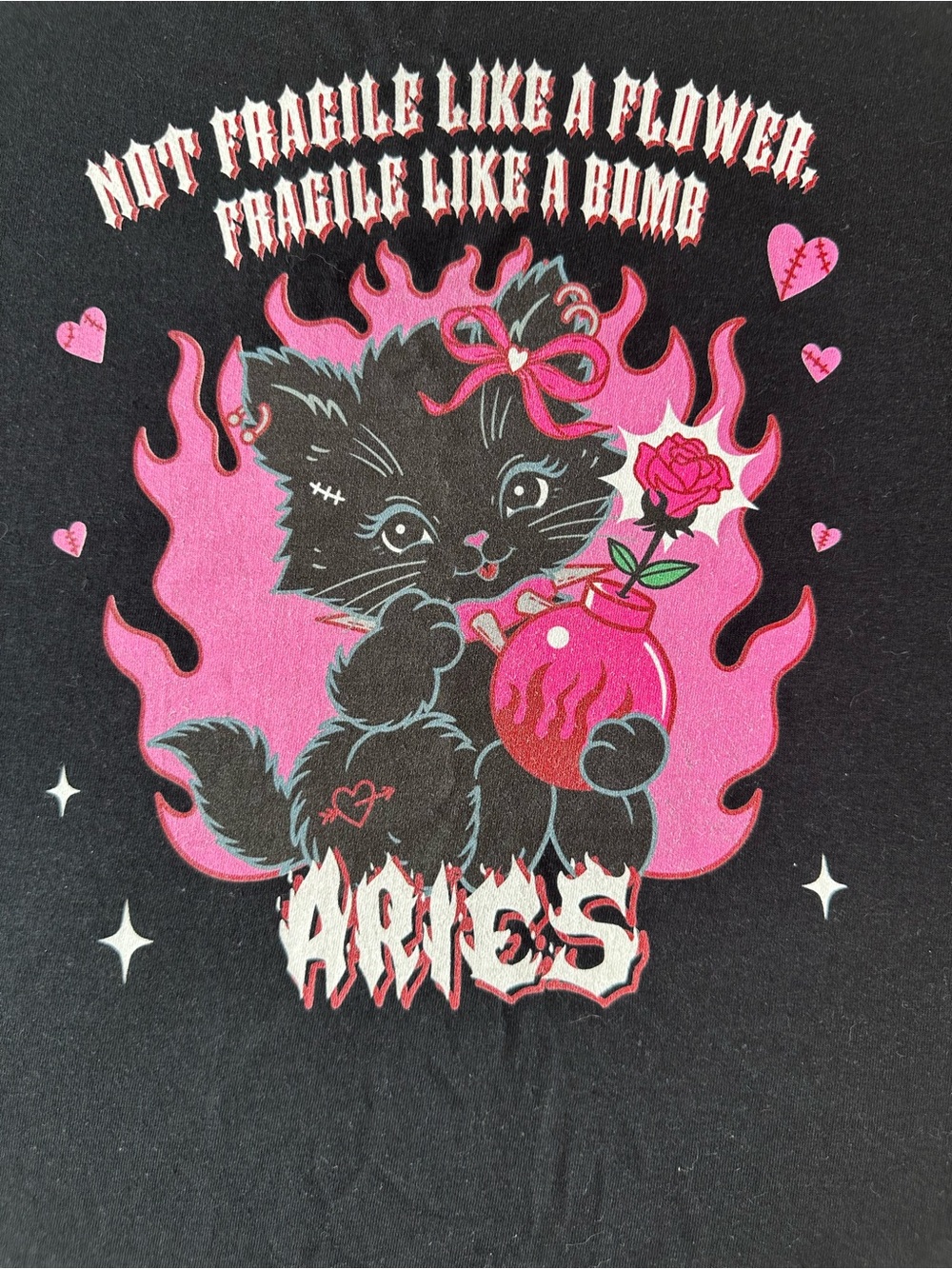 Gildan Black Tee with Pink & White Aries Cat Bomb Graphic